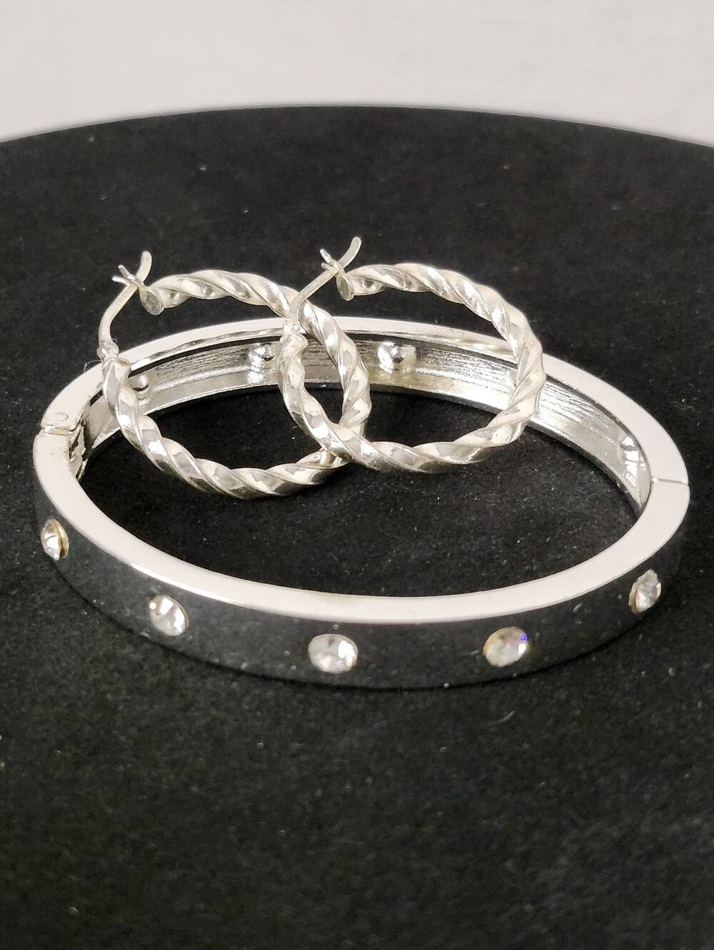 .925 Silver Hollow Twisted Hoop Earrings & Guess Crystal Accent Bangle